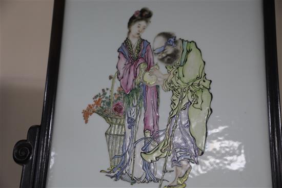 A Chinese famille rose and hongmu table screen, early 20th century, Total dimensions 60.5cm x 41cm